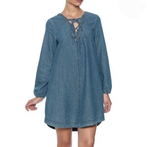 Blu Pepper Denim longsleeve Lace-up shirt dress, pockets, sz S
